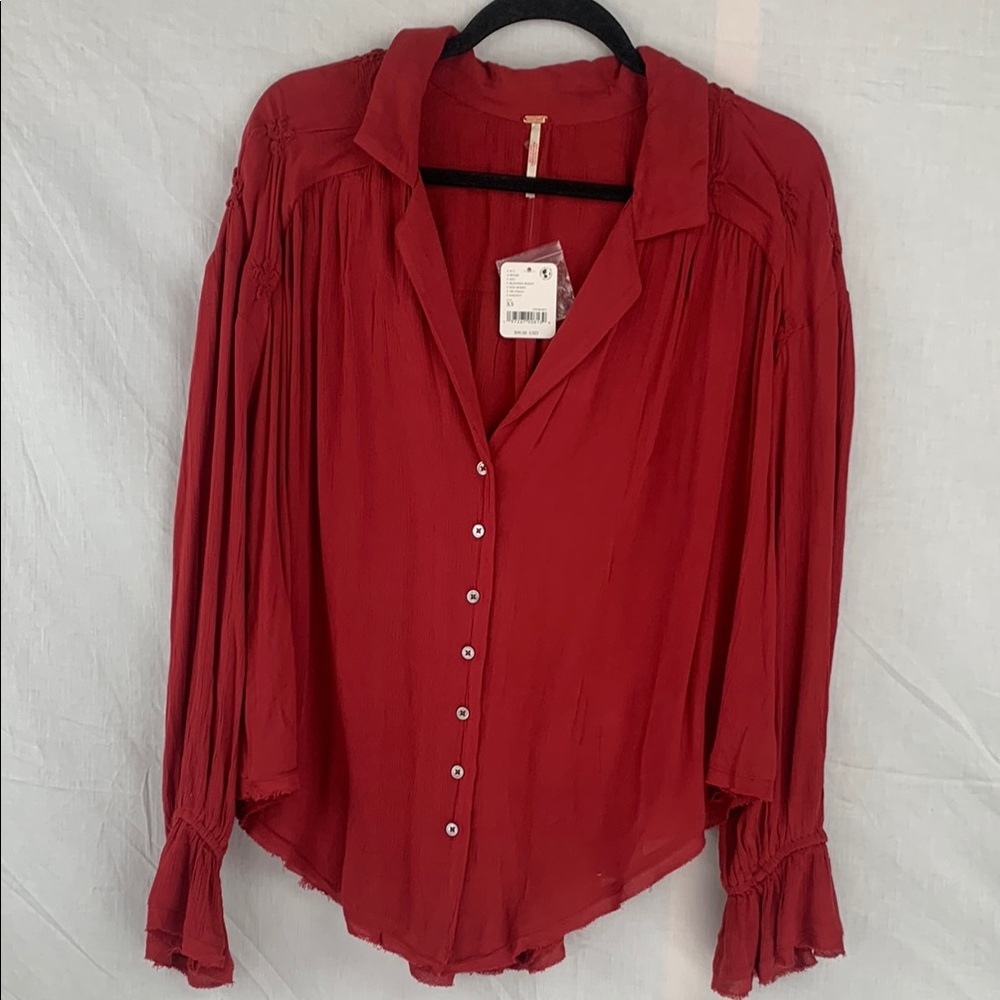 Free People Flowy Raspberry Red Women's Blouse - Picture 2 of 8